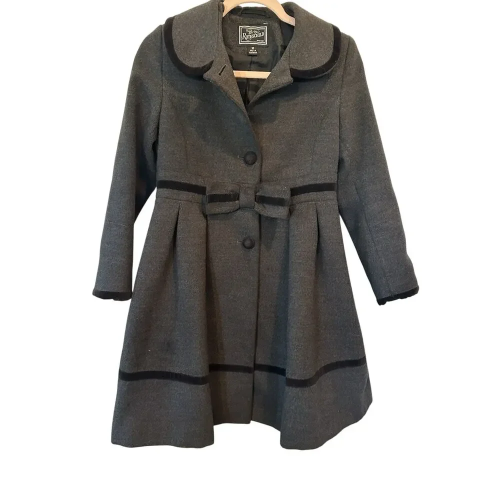 Rothschild Vintage Girls 12 Gray Princess Coat Black Velvet Trim Holiday Party